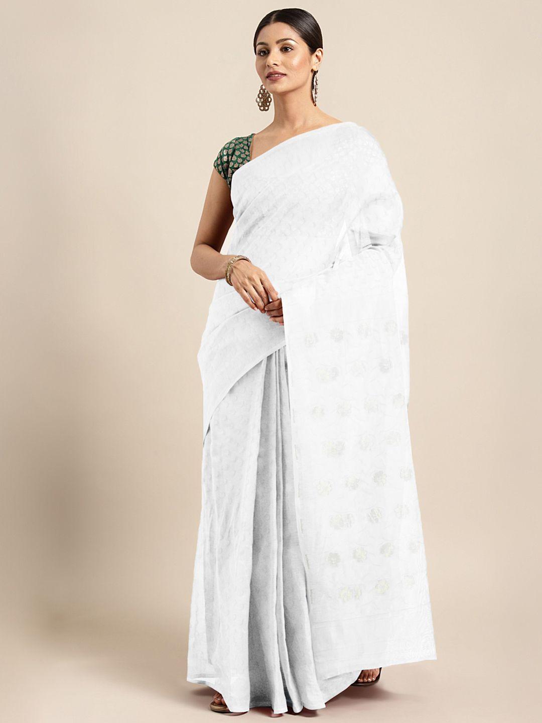 kalakari india white & gold-toned floral silk cotton jamdani saree