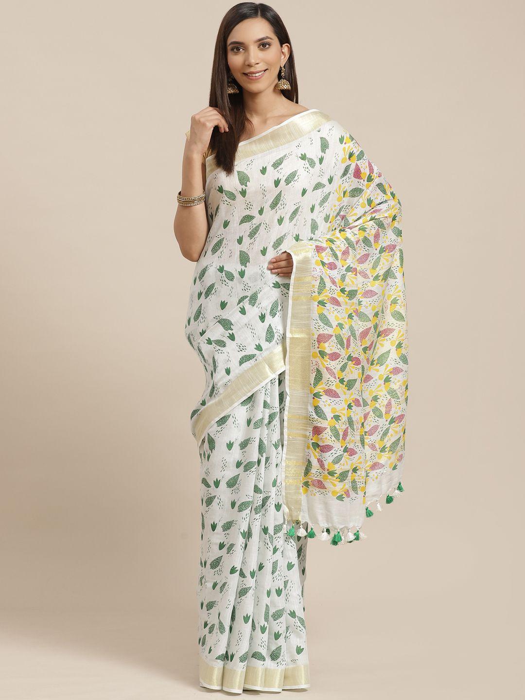 kalakari india white & green handwoven handloom printed bhagalpuri saree