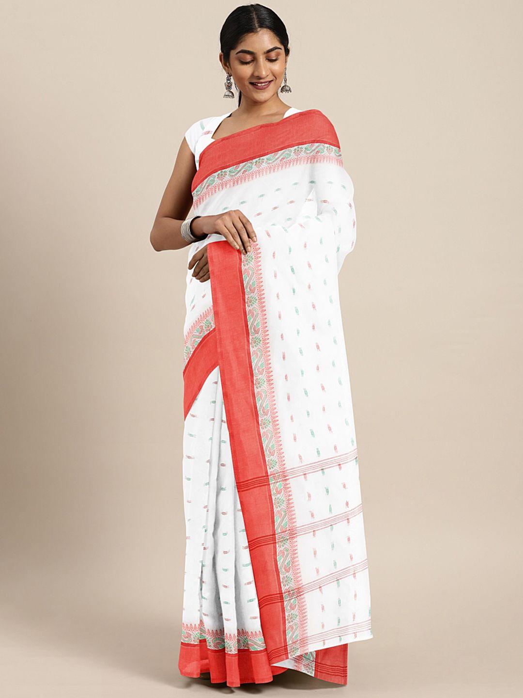 kalakari india white & multicoloured woven design silk cotton taant saree