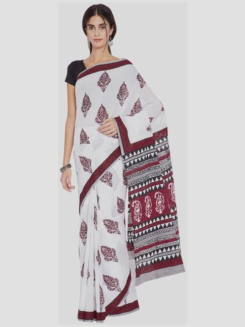 kalakari india white cotton printed saree with unstitched blouse