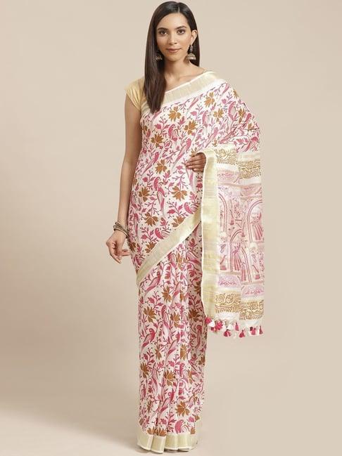 kalakari india white linen printed saree with unstitched blouse