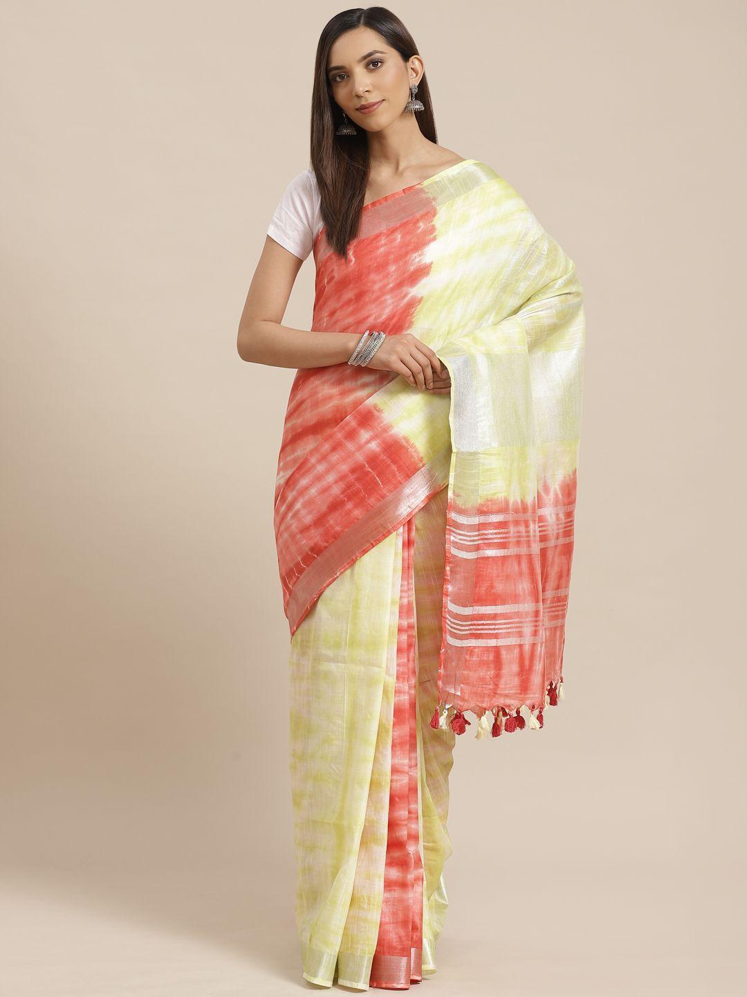 kalakari india yellow & coral red dyed handloom bhagalpuri saree