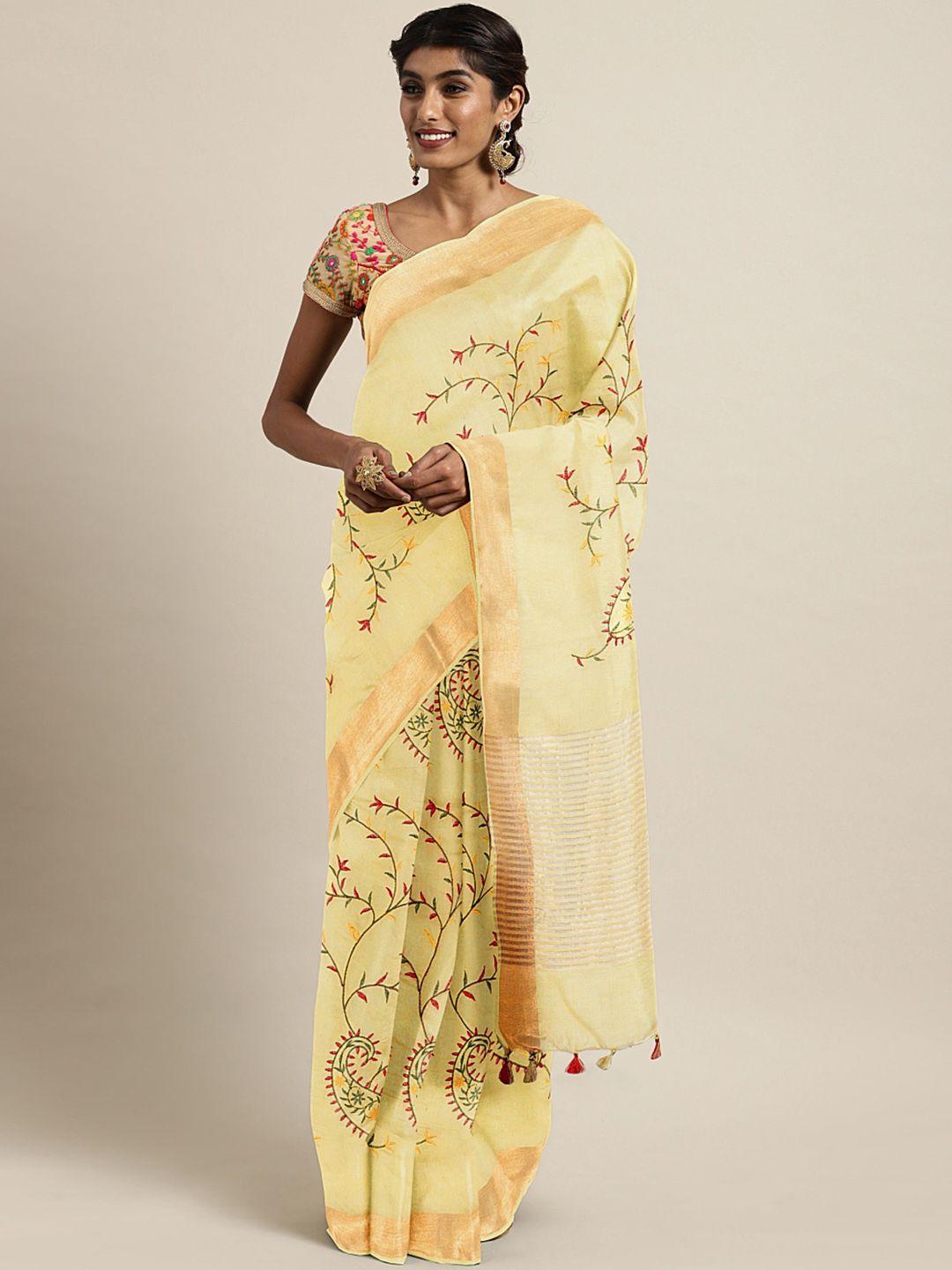 kalakari india yellow & green floral embroidered silk blend saree