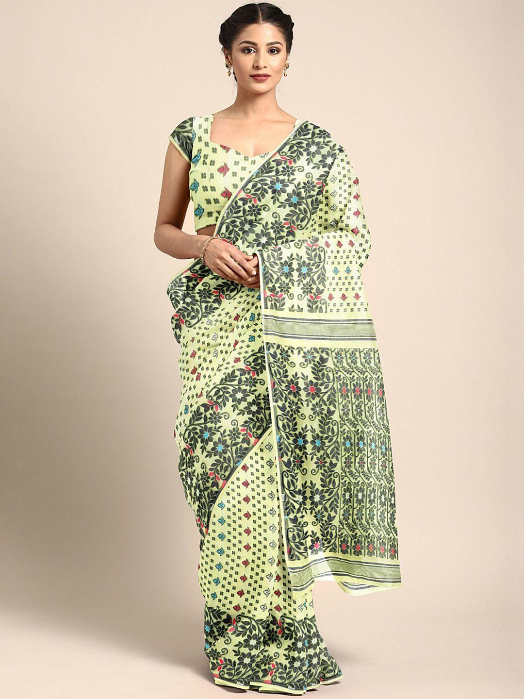 kalakari india yellow & green woven design silk cotton jamdani saree