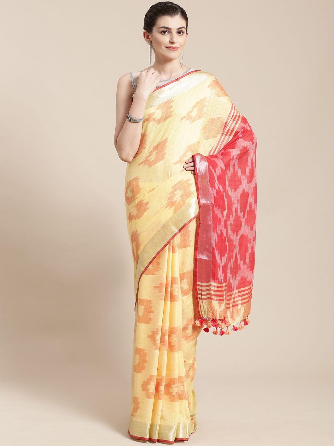 kalakari india yellow & magenta linen blend woven design handloom sustainable saree