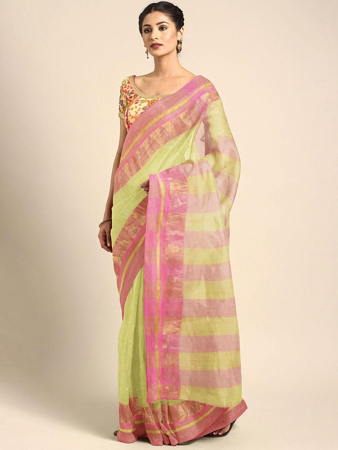 kalakari india yellow & pink woven design silk cotton taant saree