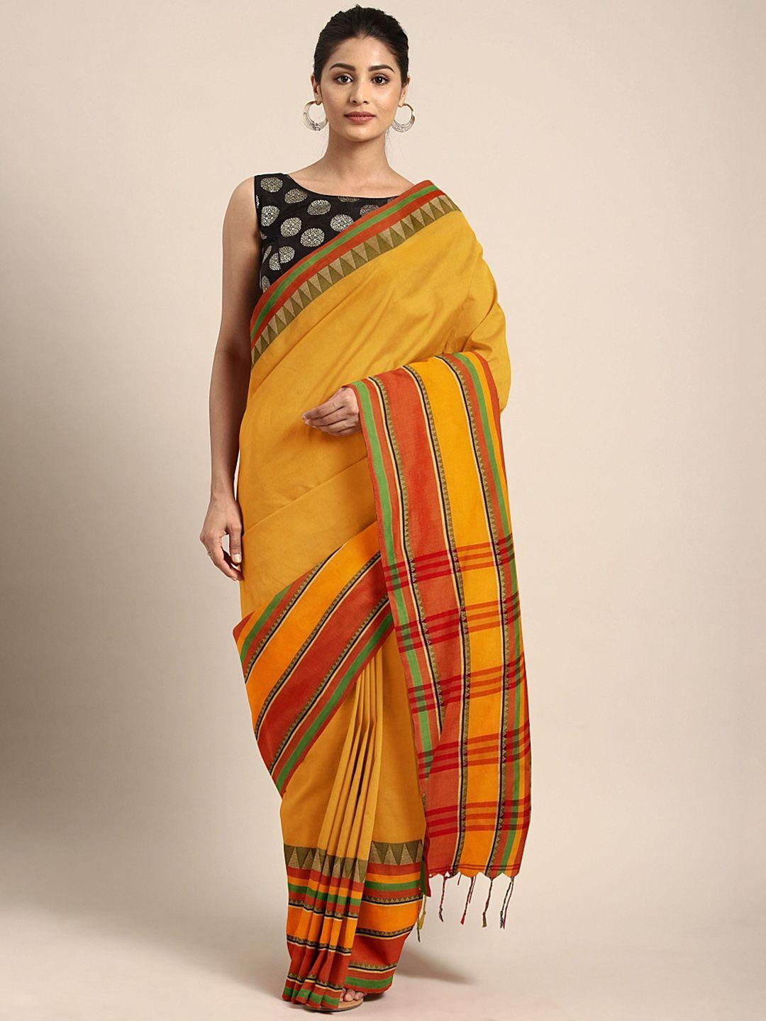 kalakari india yellow & red woven design kutchi embroidery pure cotton jamdani saree