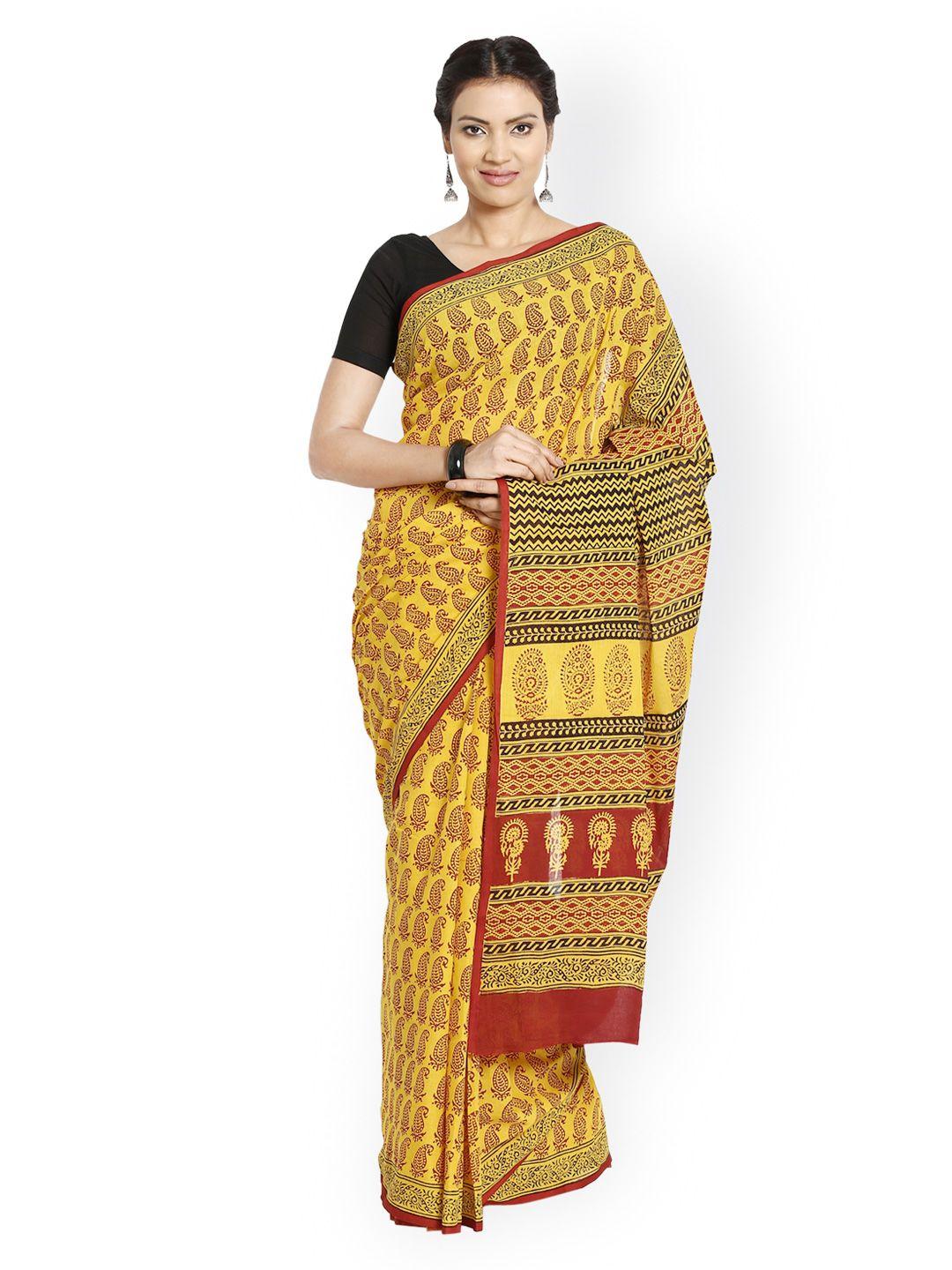 kalakari india yellow bagh handblock print handcrafted cotton saree