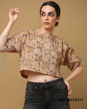 kalamkari boat neck causal cotton crop top