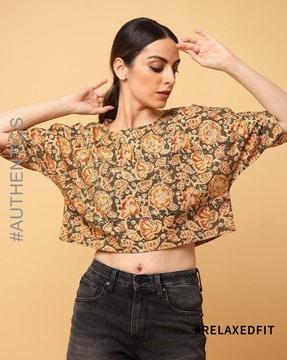 kalamkari boat neck causal cotton crop top