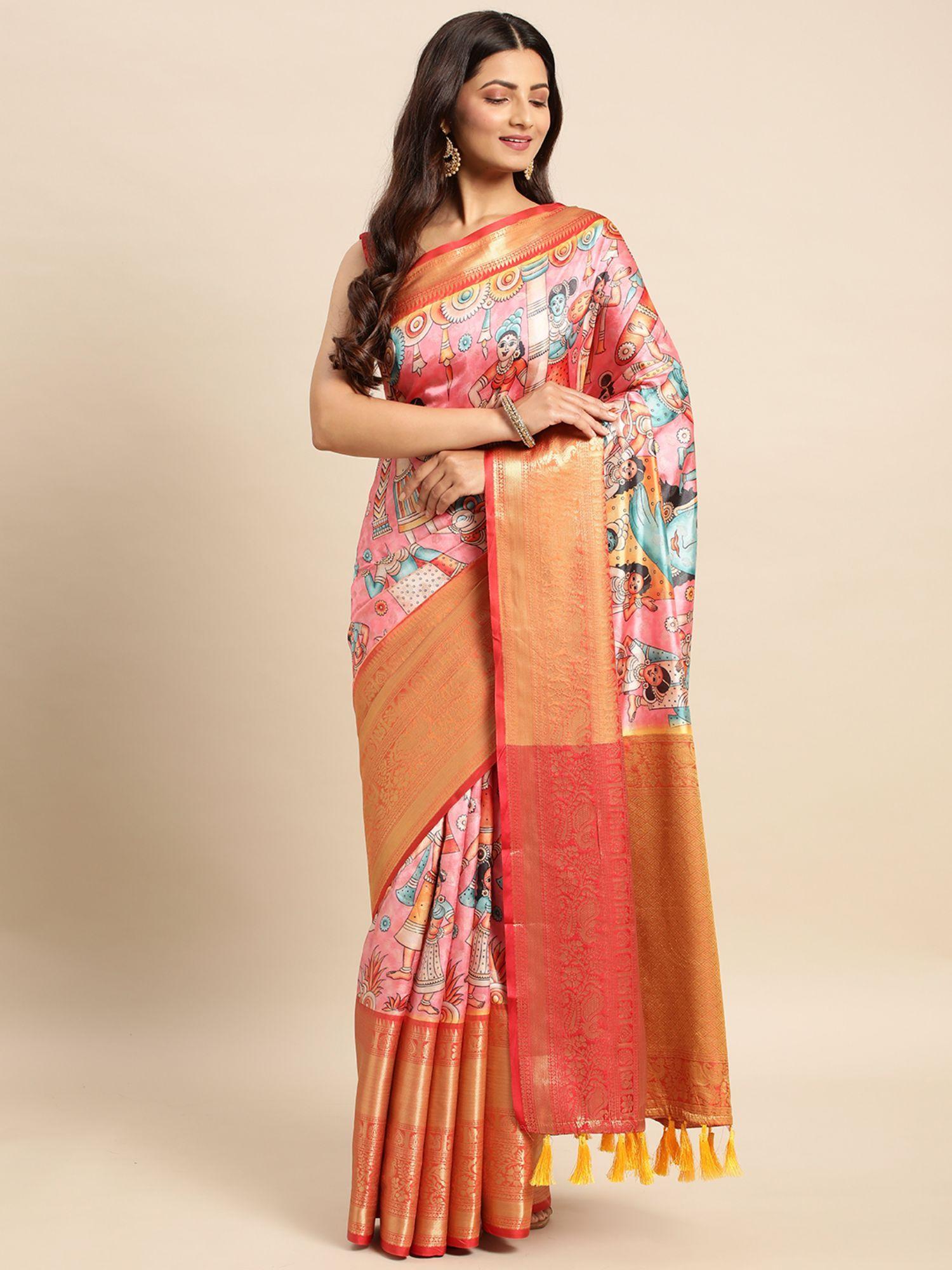 kalamkari floral digital zari woven banarasi silk blend saree with unstitched blouse