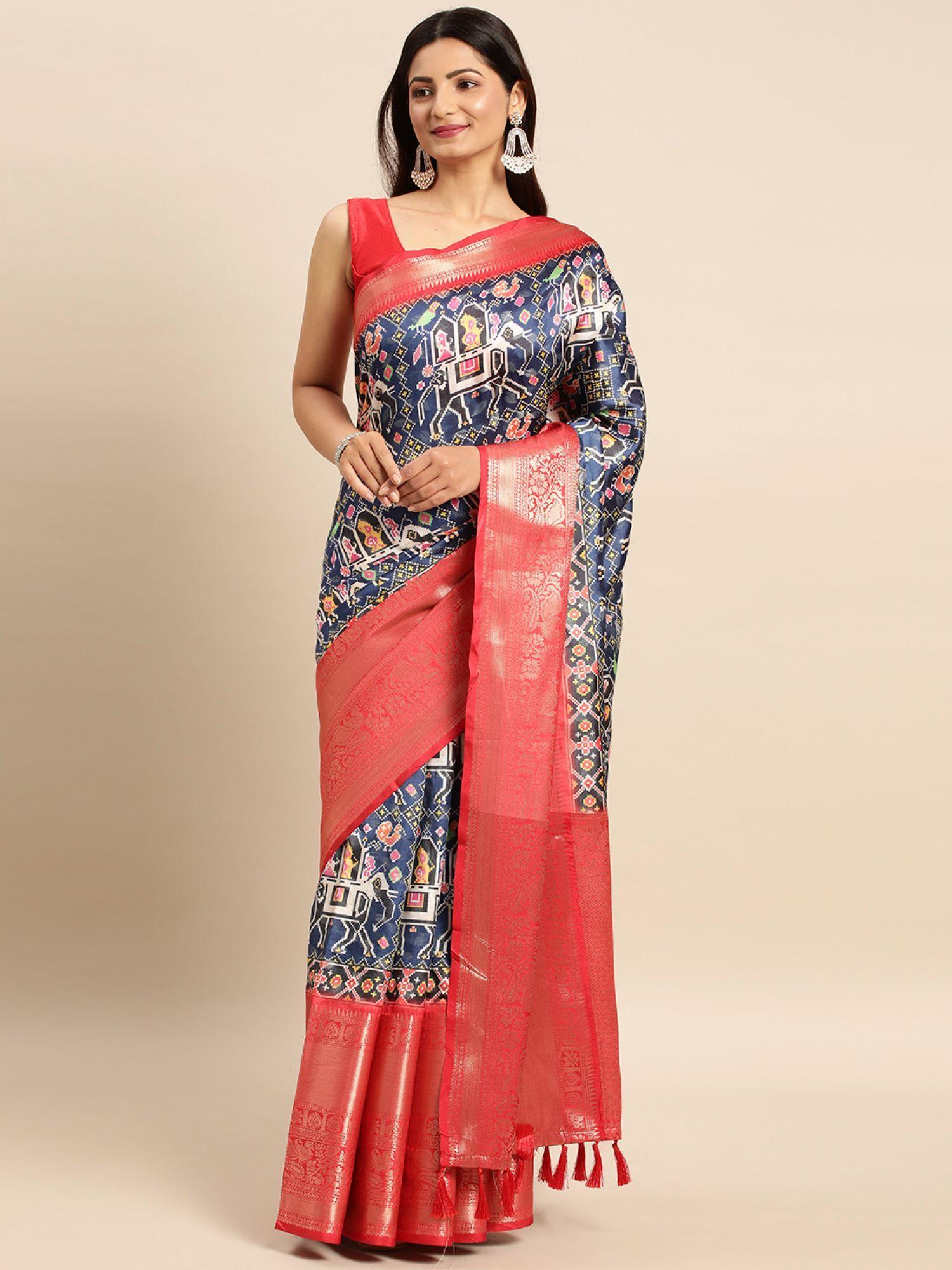 kalamkari floral digital zari woven banarasi silk blend saree with unstitched blouse