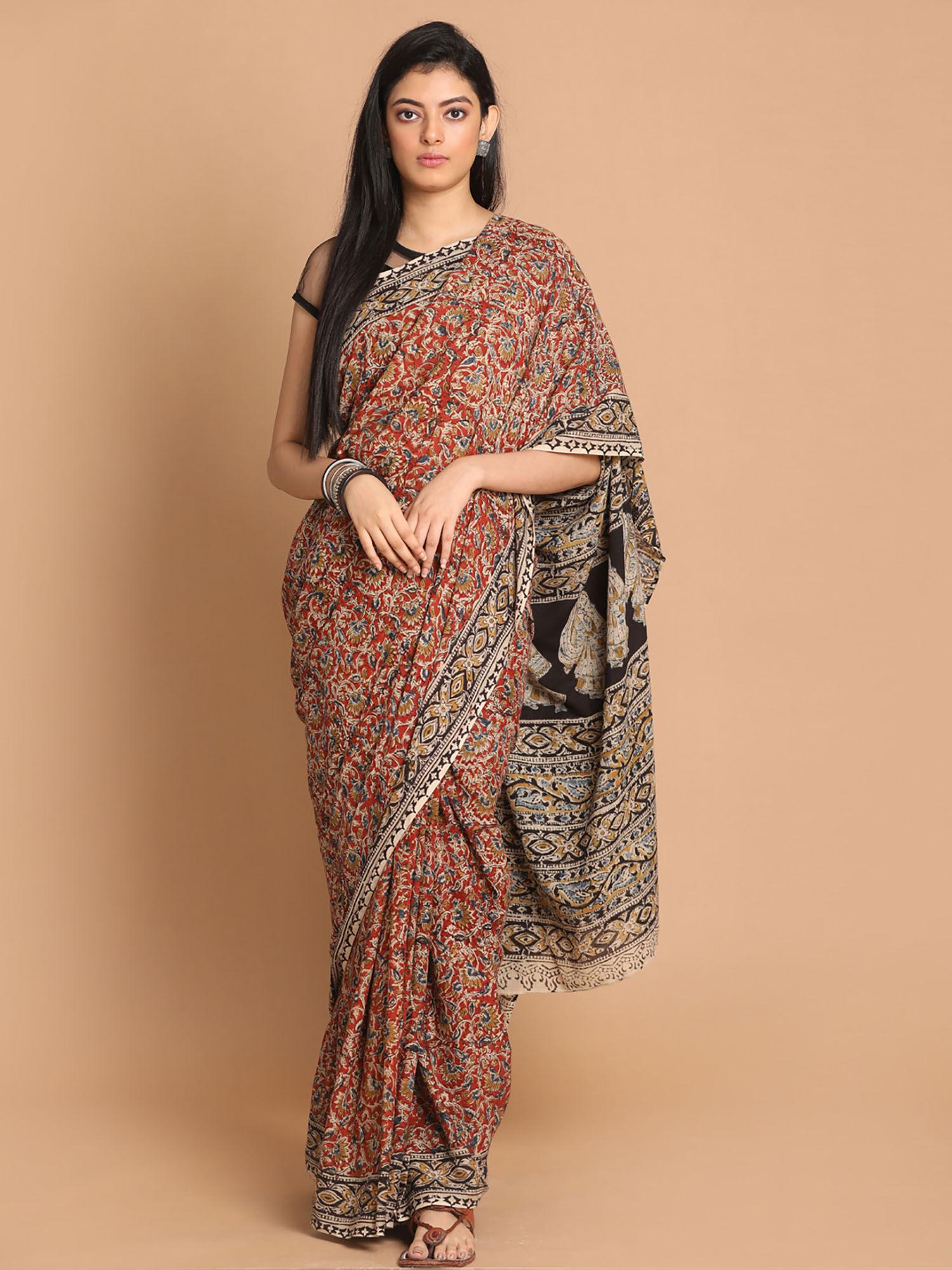 kalamkari handblock mulmul cotton red saree with unstitched blouse