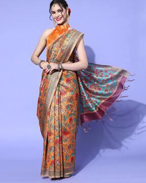 kalamkari print saree with contrast border & tassels