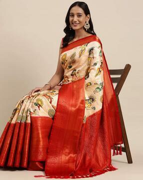 kalamkari print saree with contrast border & tassels