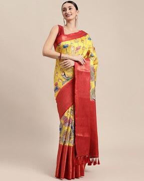 kalamkari print saree with contrast border & tassels