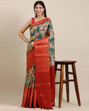 kalamkari print saree with contrast border & tassels