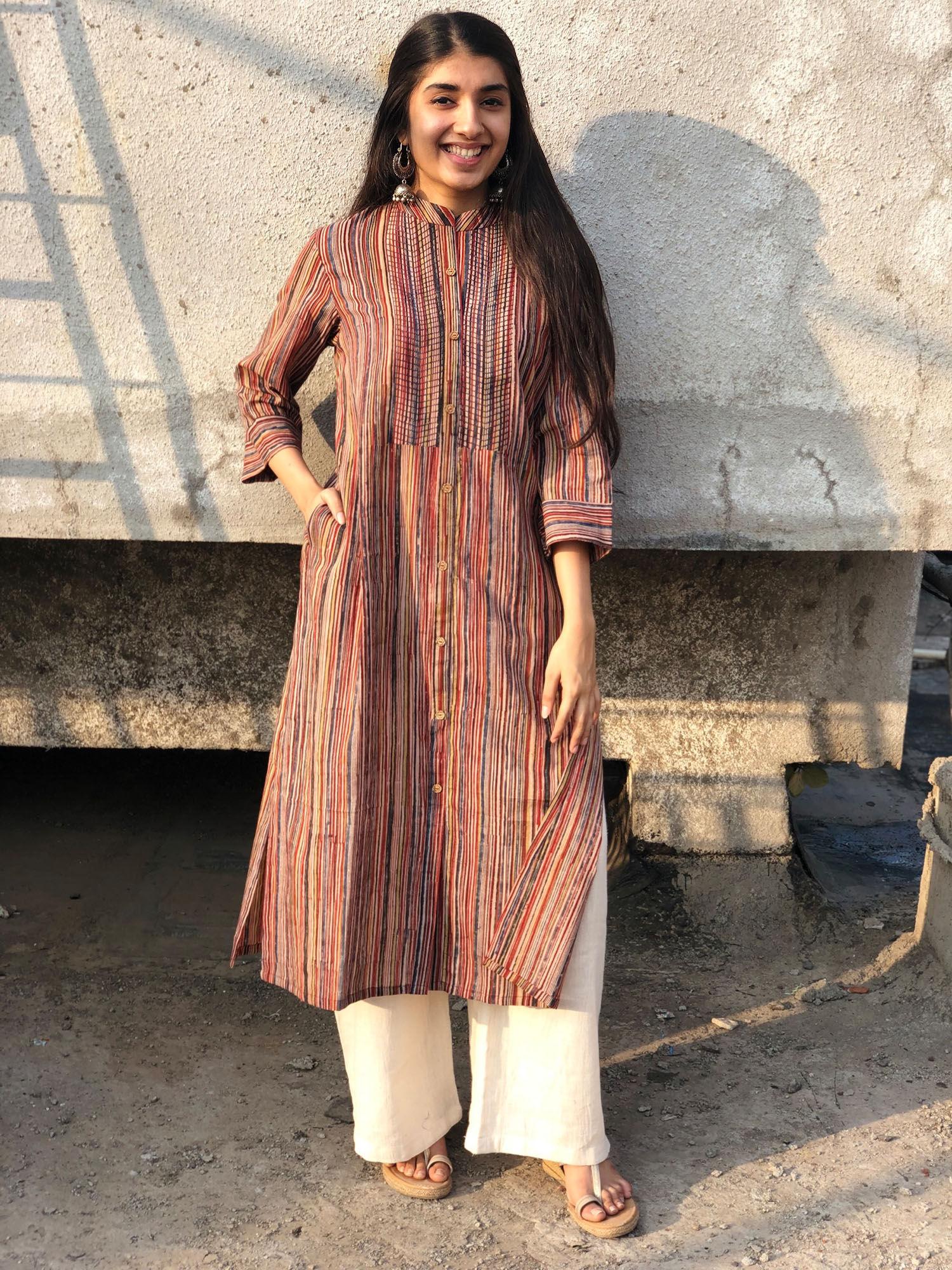 kalamkari striped threaded cotton kurta