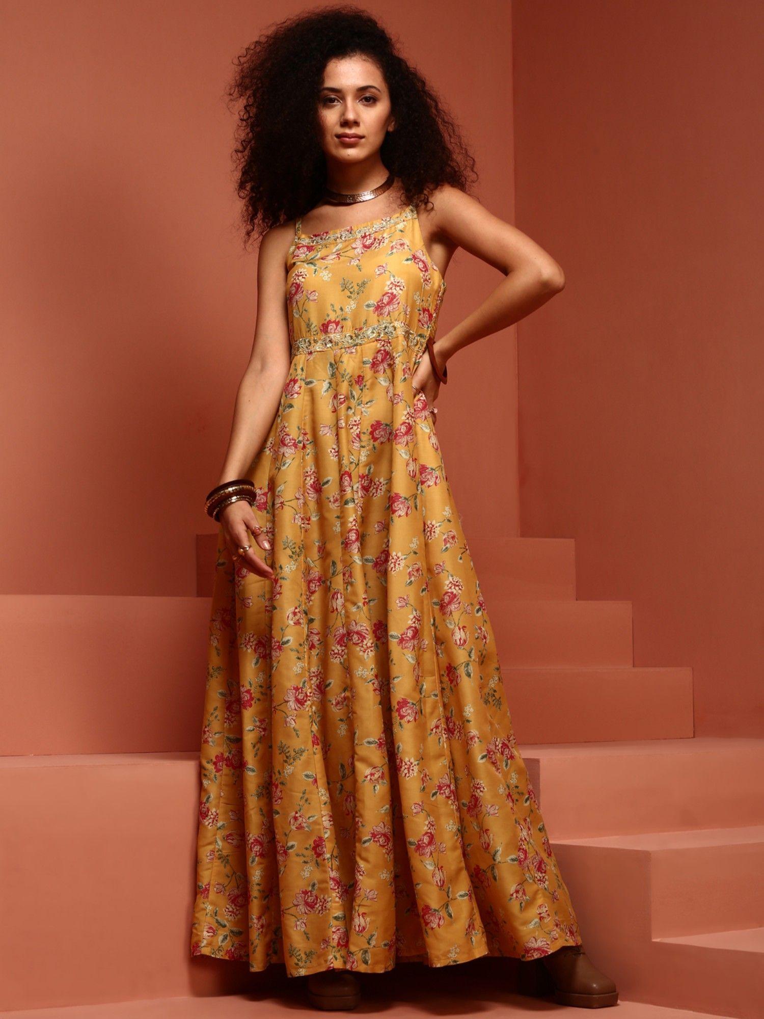 kalidar printed yellow floral maxi dress