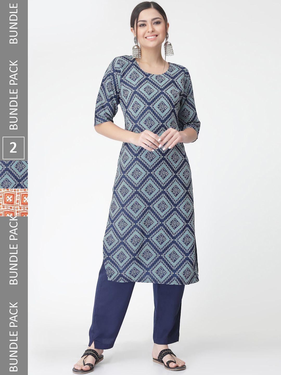 kalini a selection of 2 printed regular straight kurta with trousers