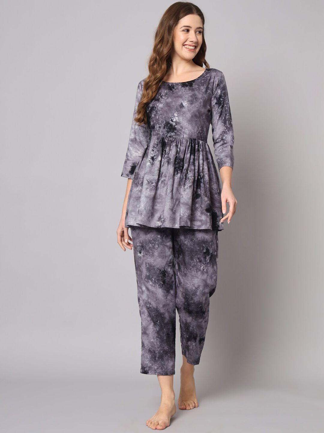 kalini abstract printed round neck top with pyjamas