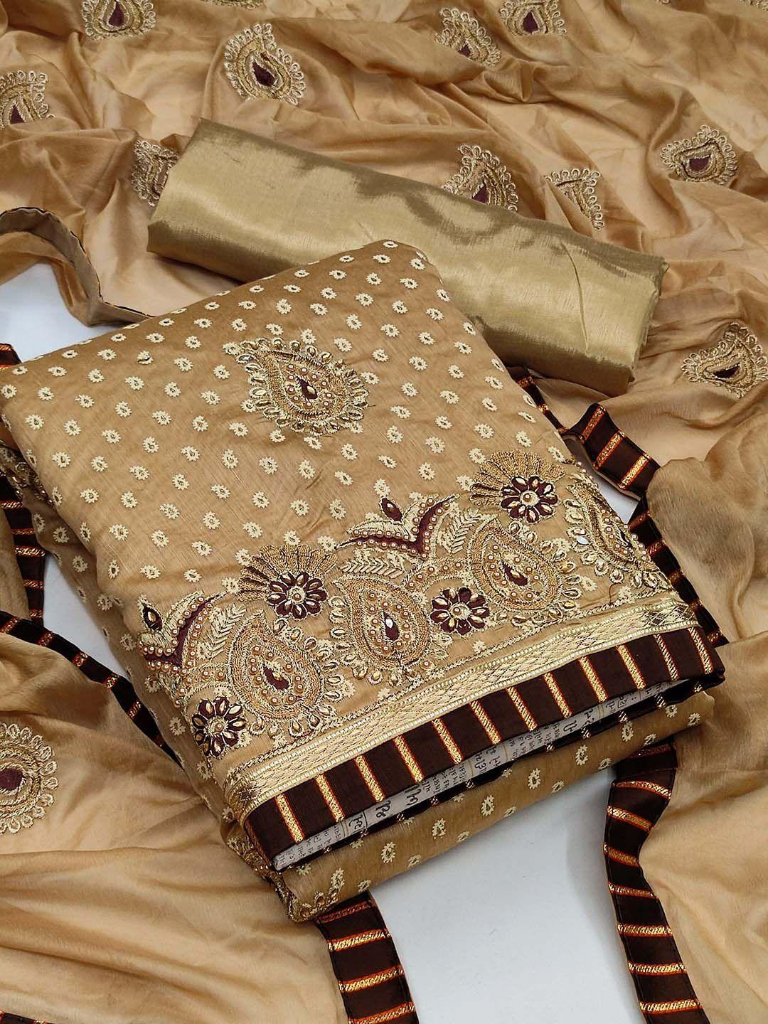 kalini beige & brown embroidered pure cotton unstitched dress material