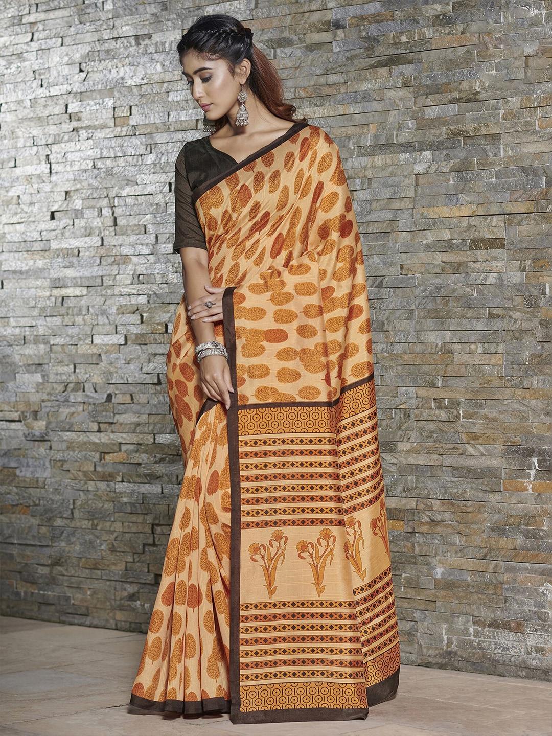 kalini beige & orange ethnic motifs art silk bagh saree