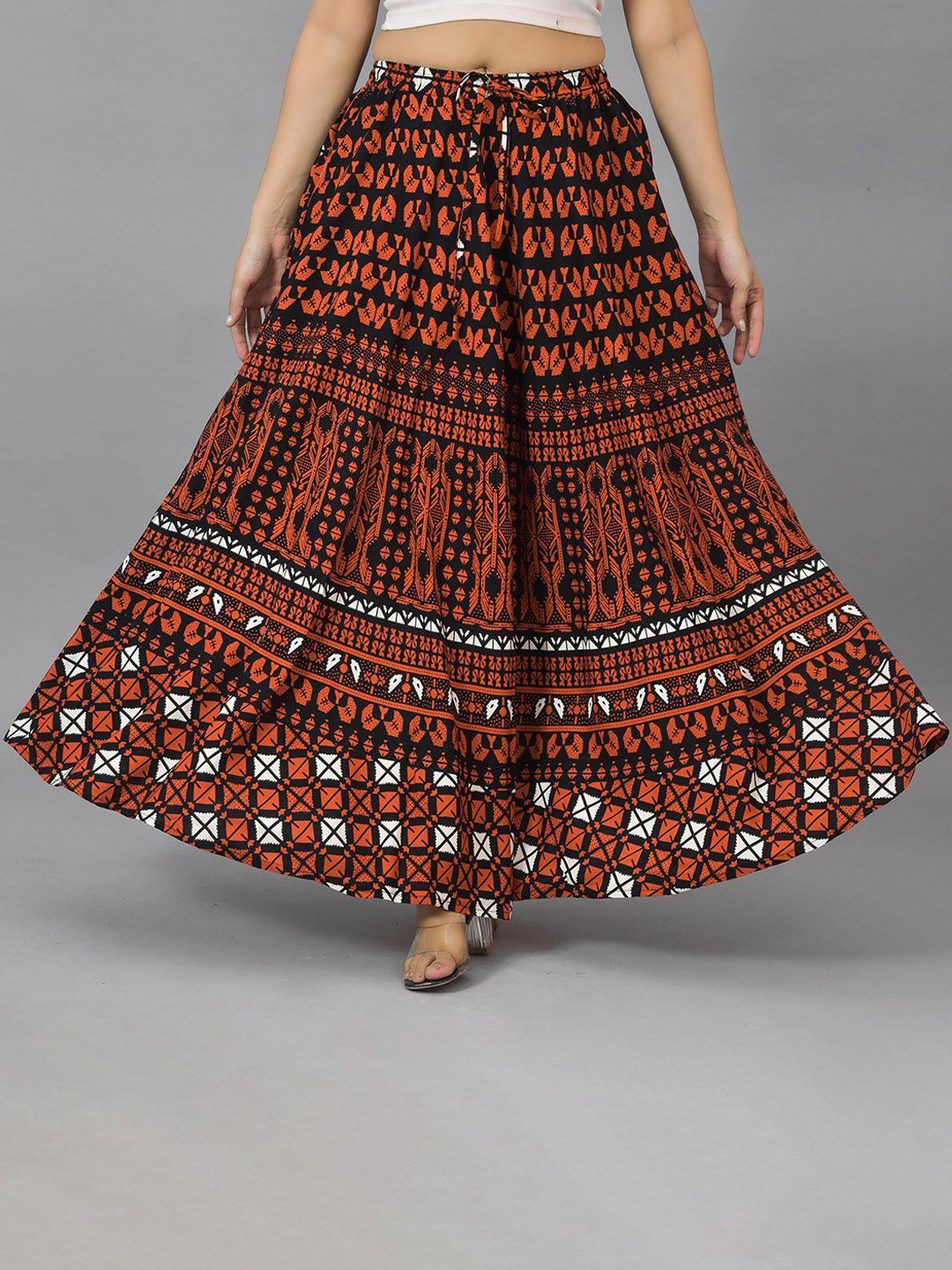 kalini black & orange-color printed flared maxi skirt