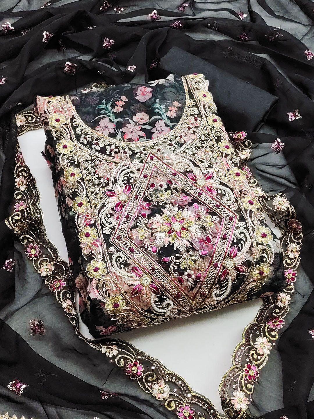 kalini black & pink printed organza unstitched dress material