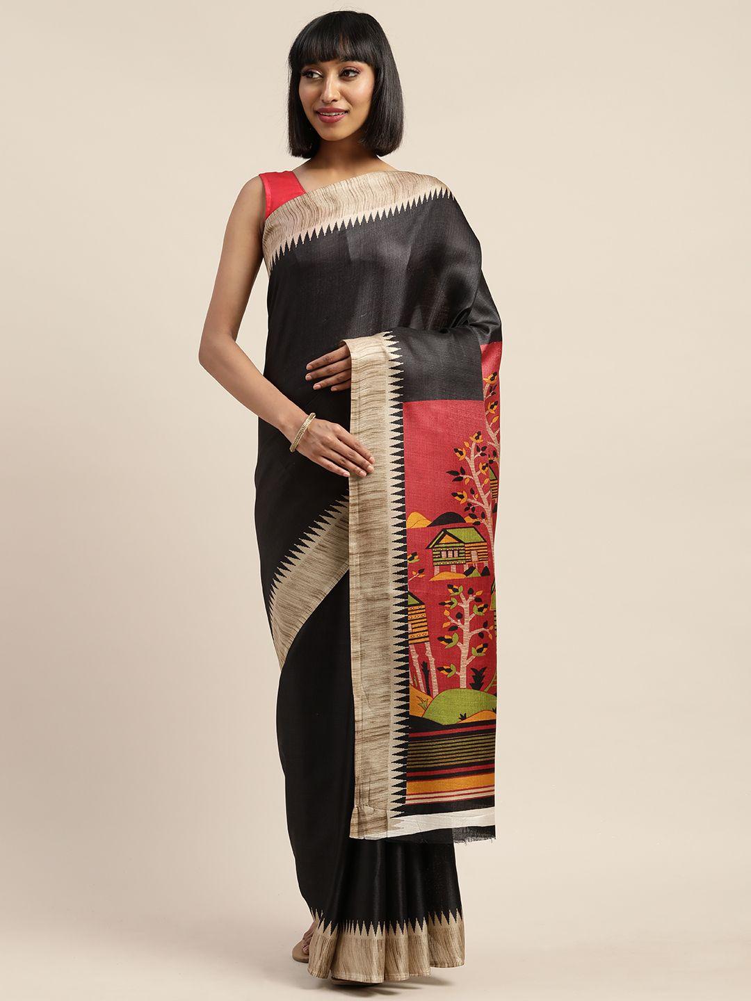 kalini black & red art silk printed mysore silk saree