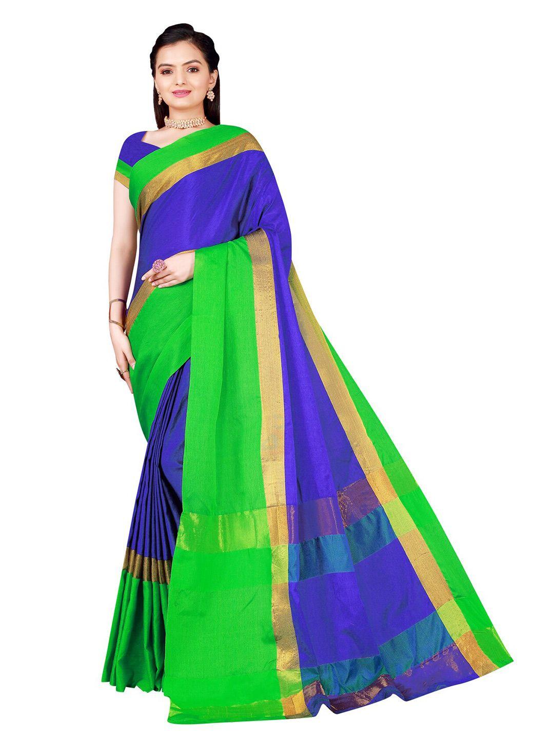 kalini blue & green colourblocked cotton silk saree