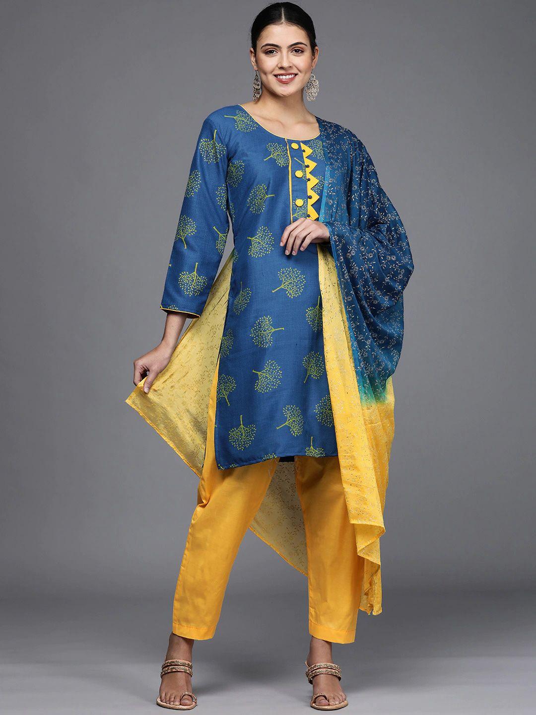 kalini blue & yellow printed unstitched dress material