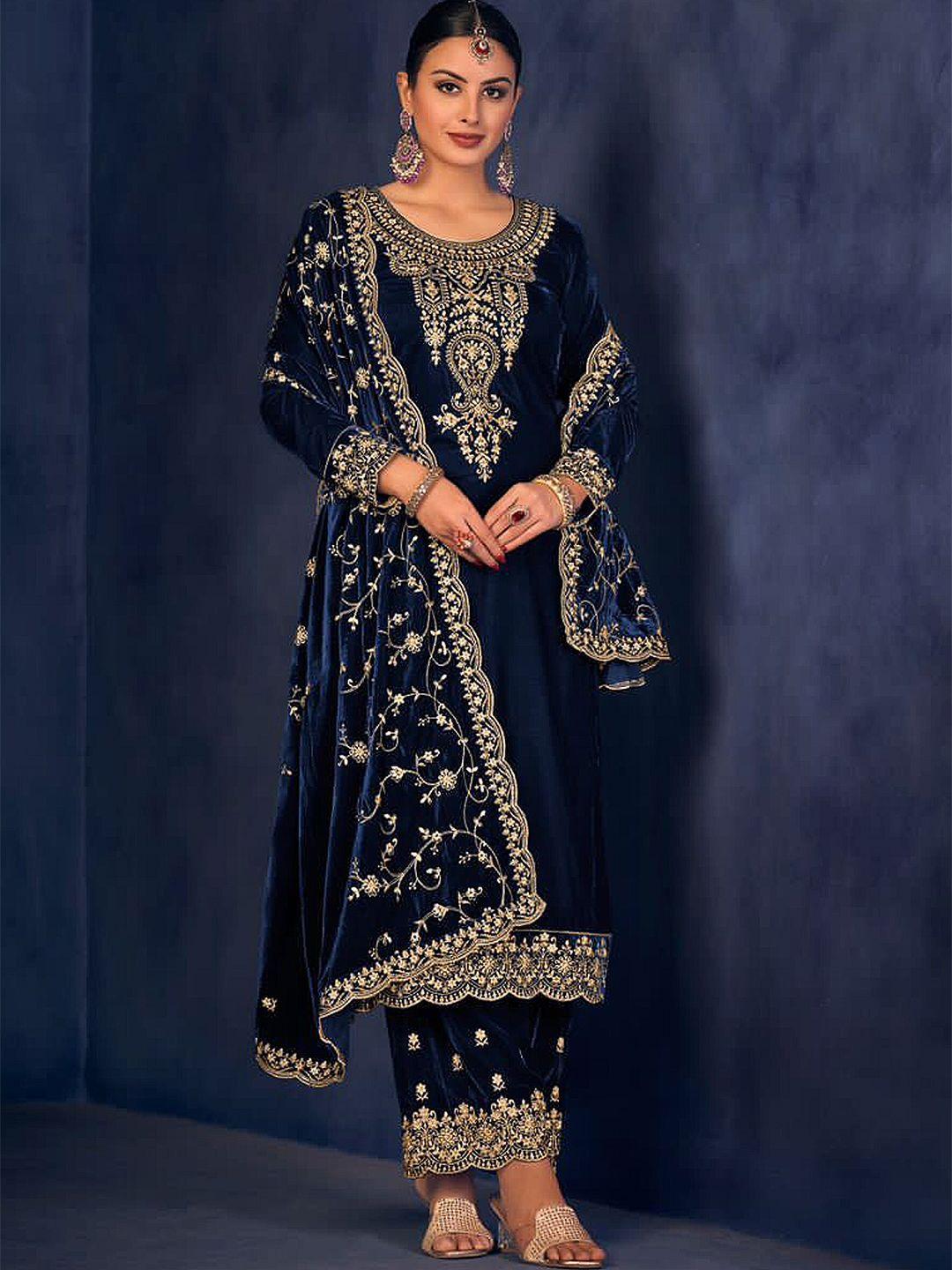 kalini blue embroidered velvet unstitched dress material
