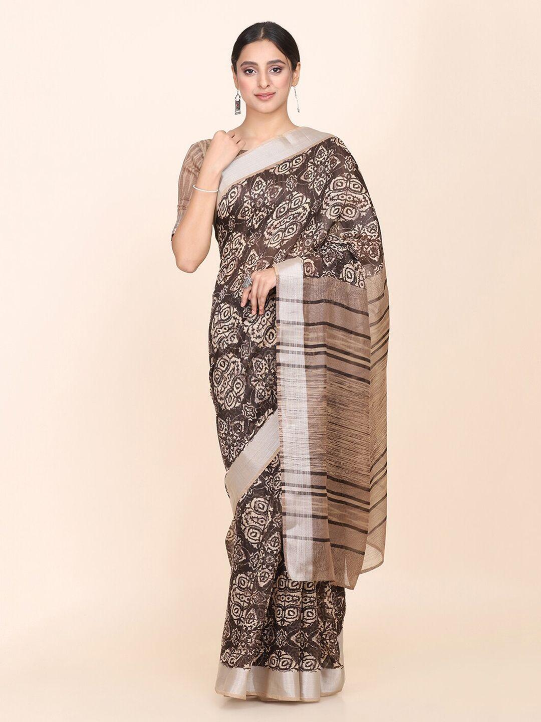kalini brown & beige ethnic motifs block print zari silk cotton saree