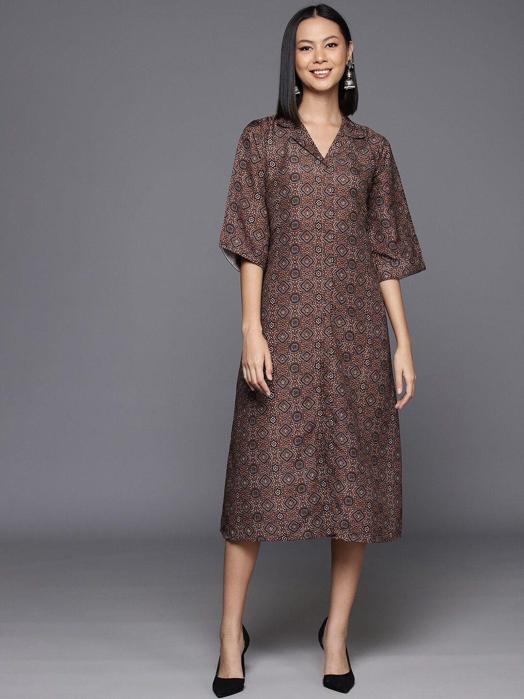 kalini brown & black ethnic motifs print flared sleeve a-line midi dress