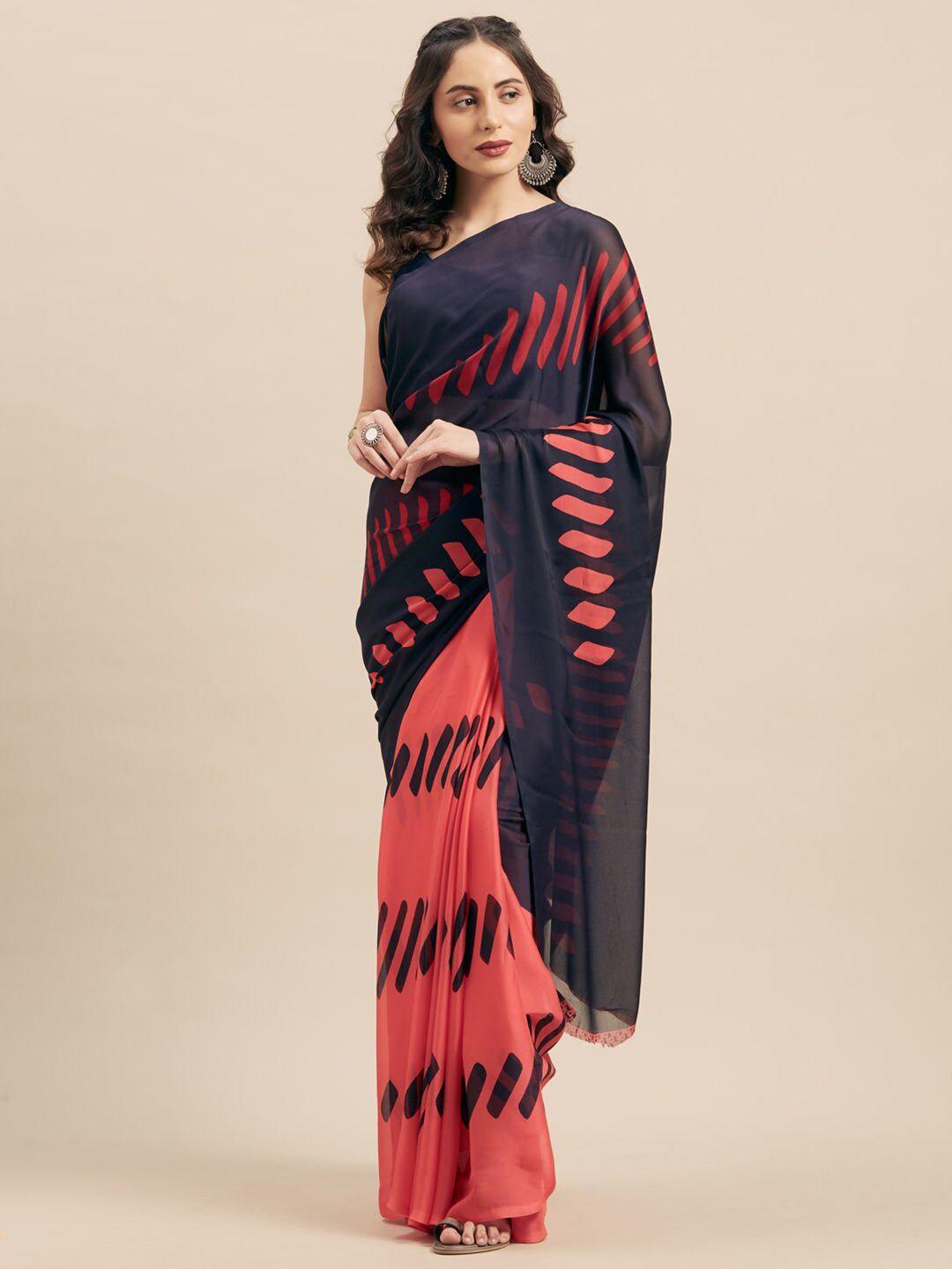 kalini coral & navy blue printed saree