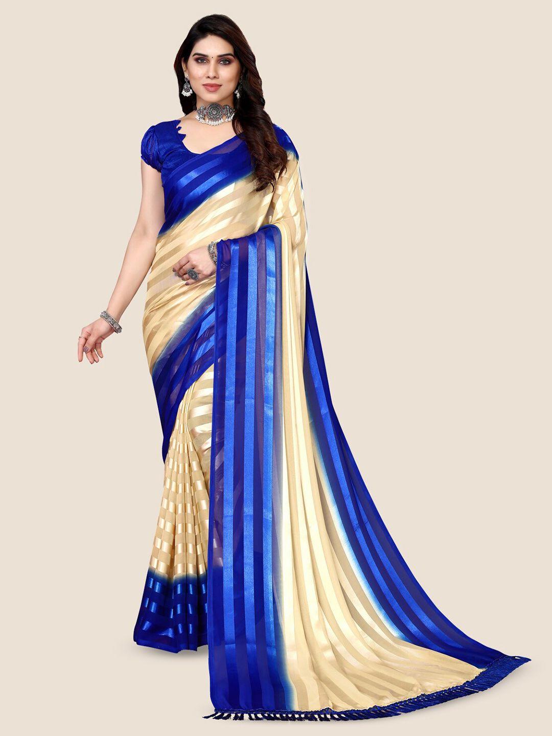kalini cream-coloured & blue striped satin saree
