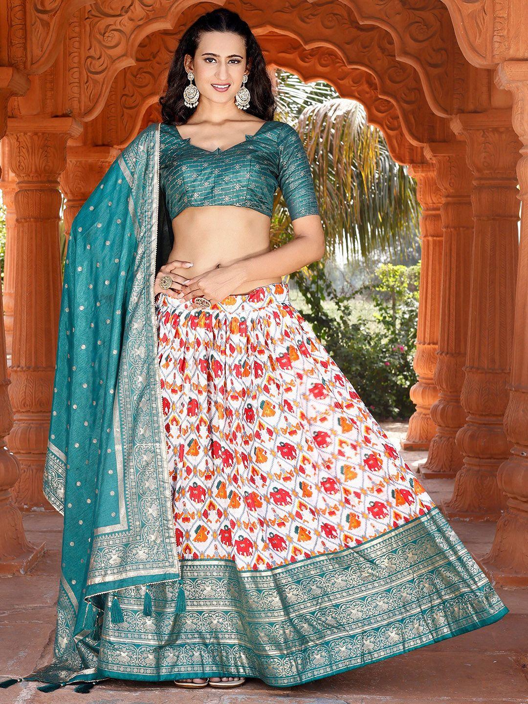 kalini embellished foil print semi-stitched lehenga & unstitched blouse with dupatta