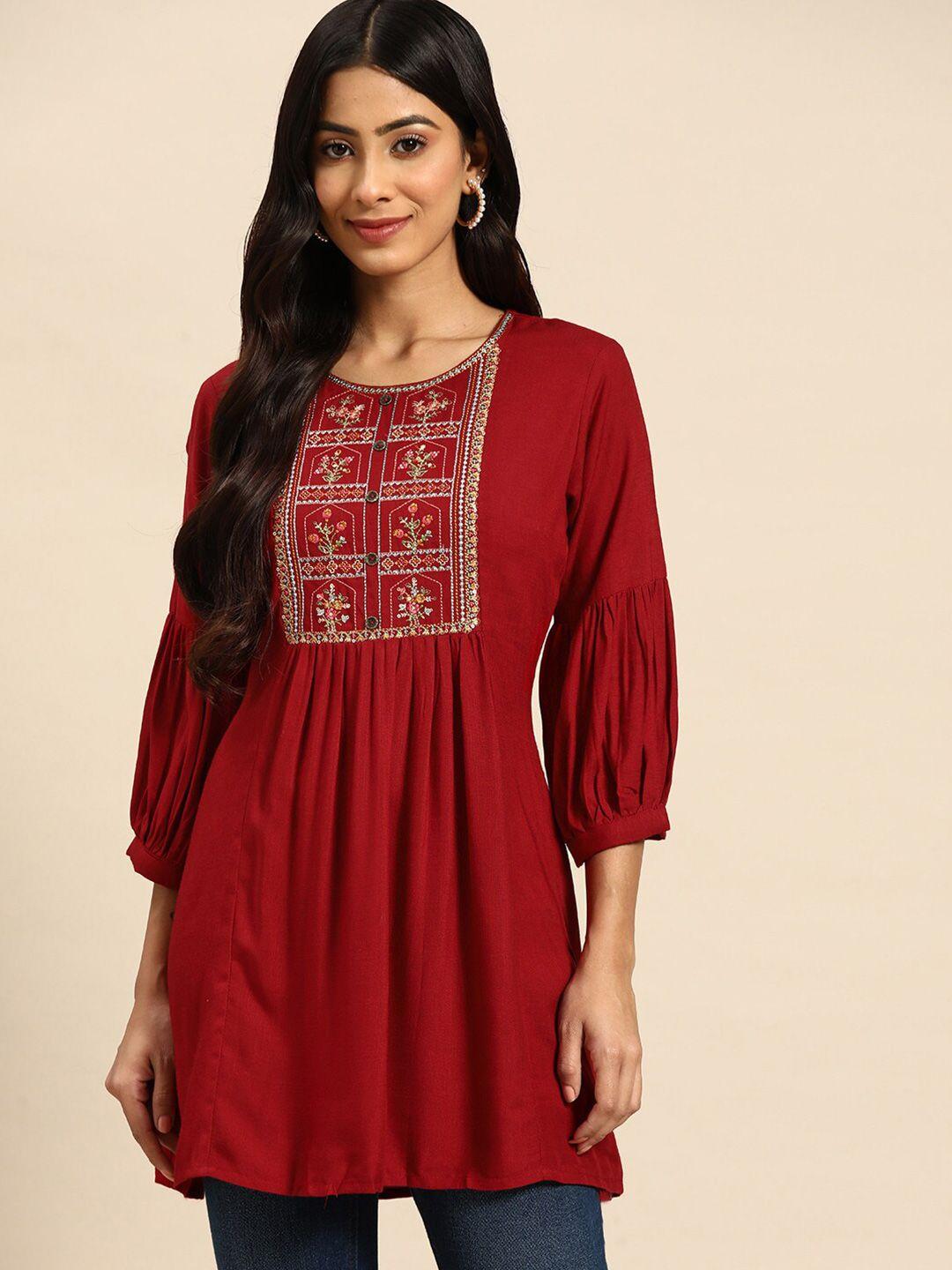 kalini ethnic motif embroidered puff sleeve top