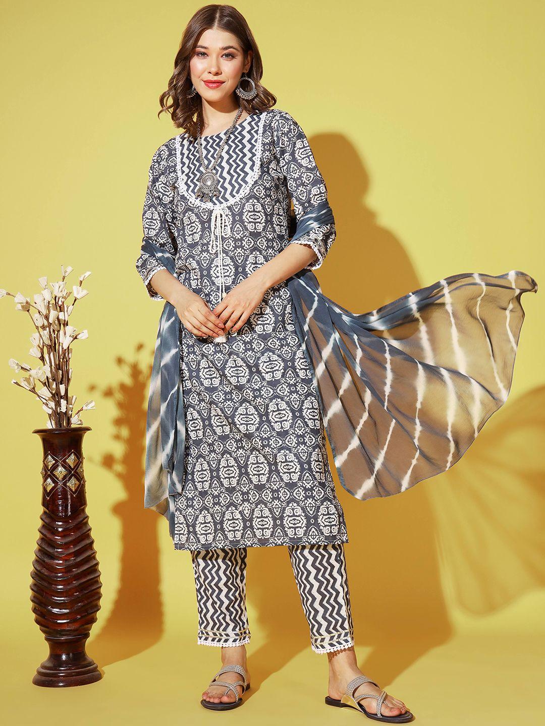 kalini ethnic motif printed straight kurta with trousers & dupatta