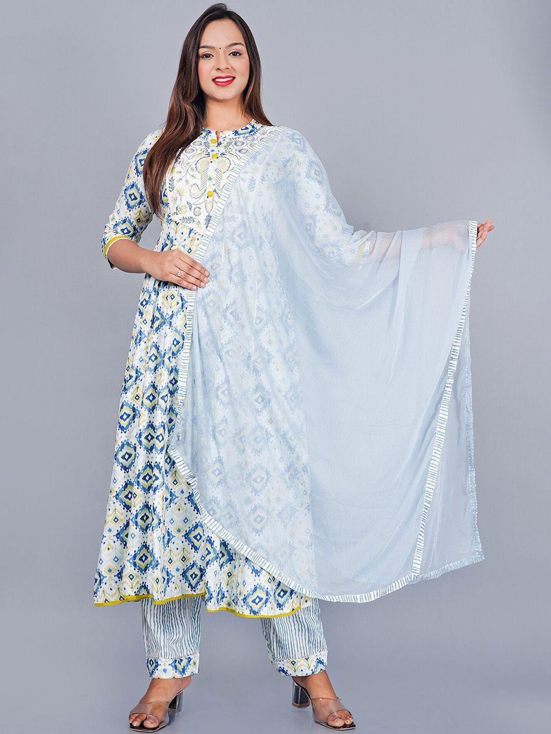 kalini ethnic motif printed thread work pure cotton a-line kurta & trousers with dupatta