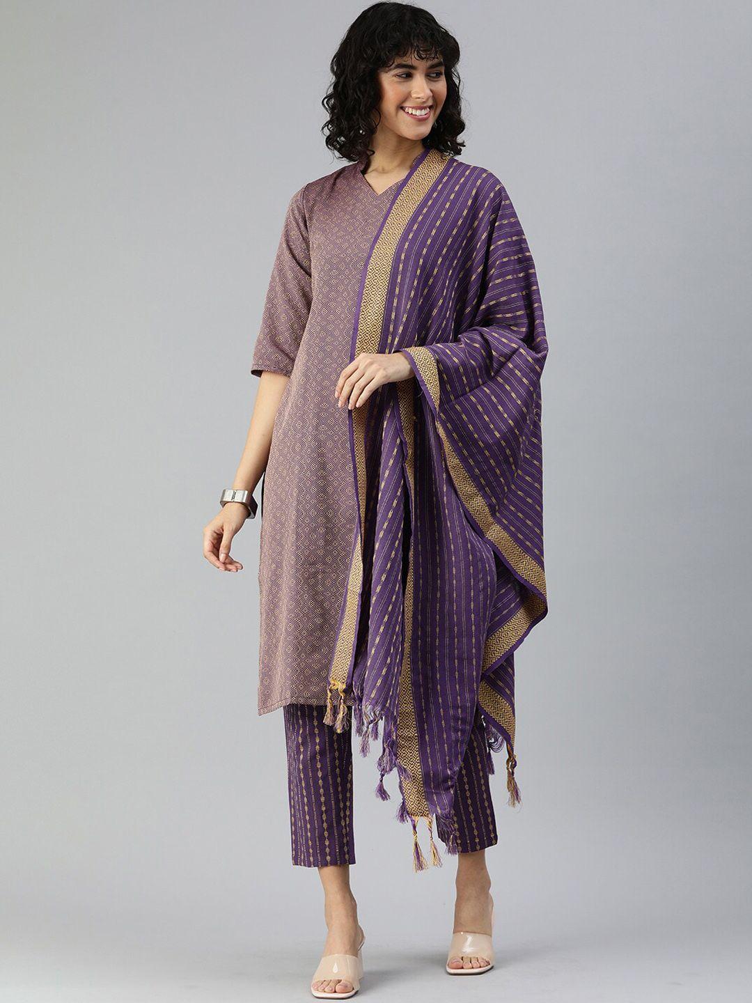 kalini ethnic motif woven design straight kurta & trousers with dupatta