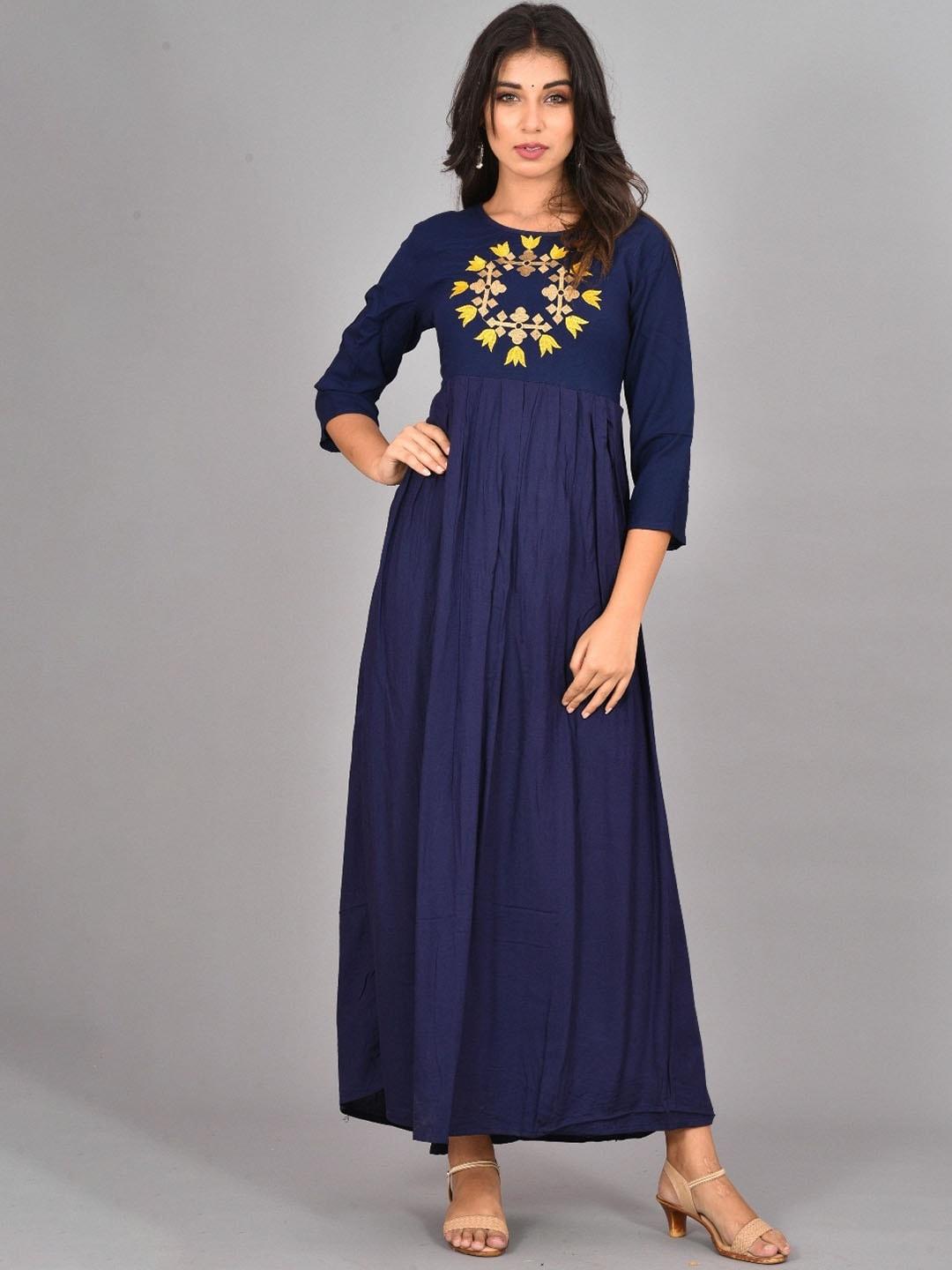 kalini ethnic motifs embroidered round neck fit & flare maxi ethnic dress