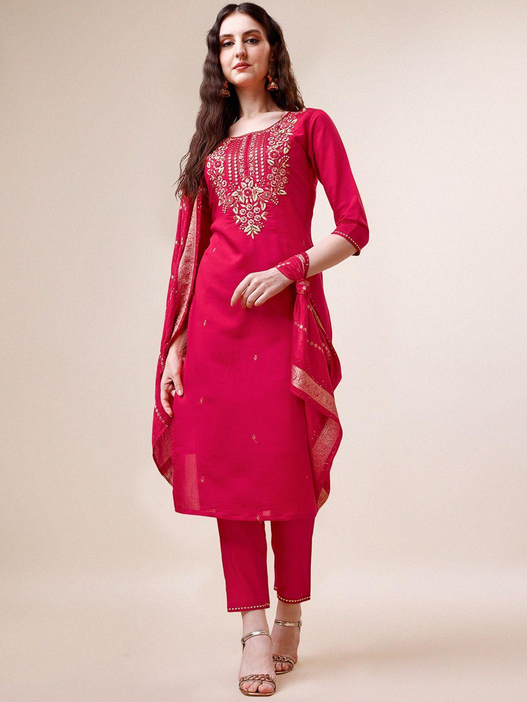 kalini ethnic motifs embroidered sequinned chanderi cotton kurta with trousers & dupatta