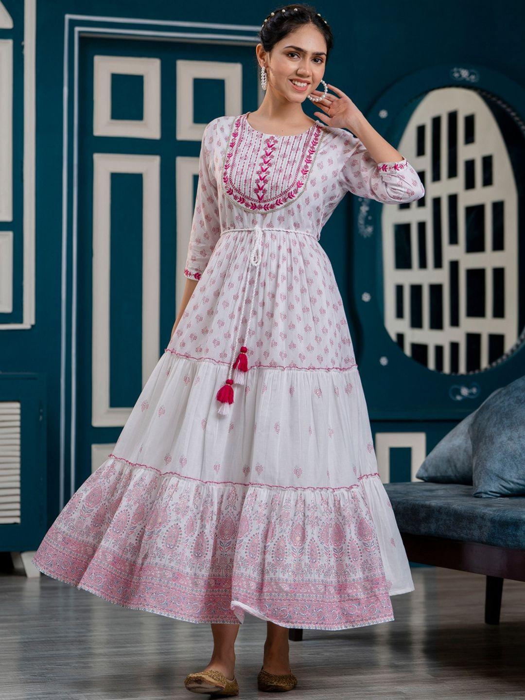 kalini ethnic motifs embroidered tiered pure cotton fit & flare maxi ethnic dress