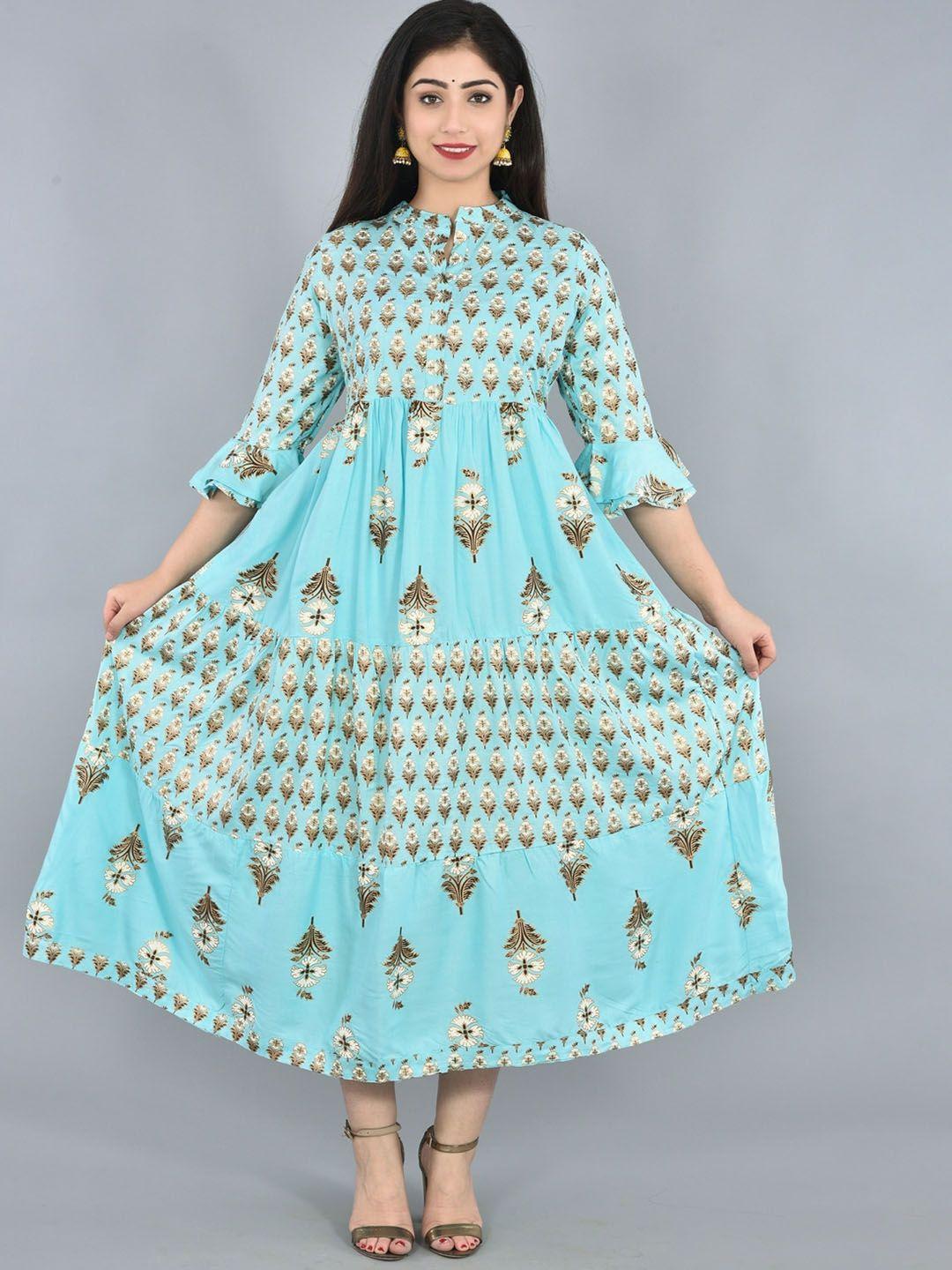 kalini ethnic motifs printed mandarin collar fit & flare midi ethnic dress