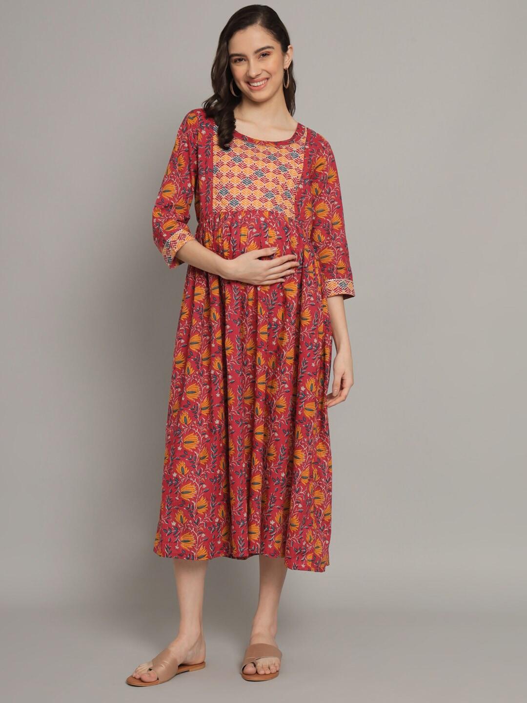 kalini ethnic motifs printed maternity cotton a-line midi dress