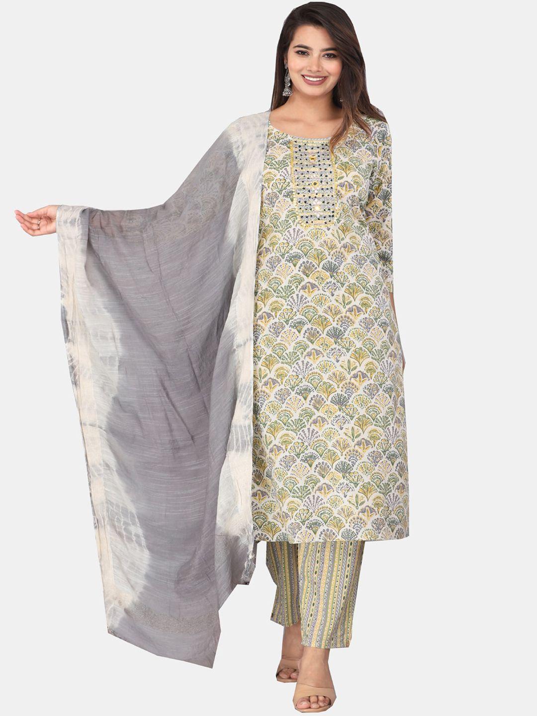 kalini ethnic motifs printed pure cotton straight kurta & trousers with dupatta