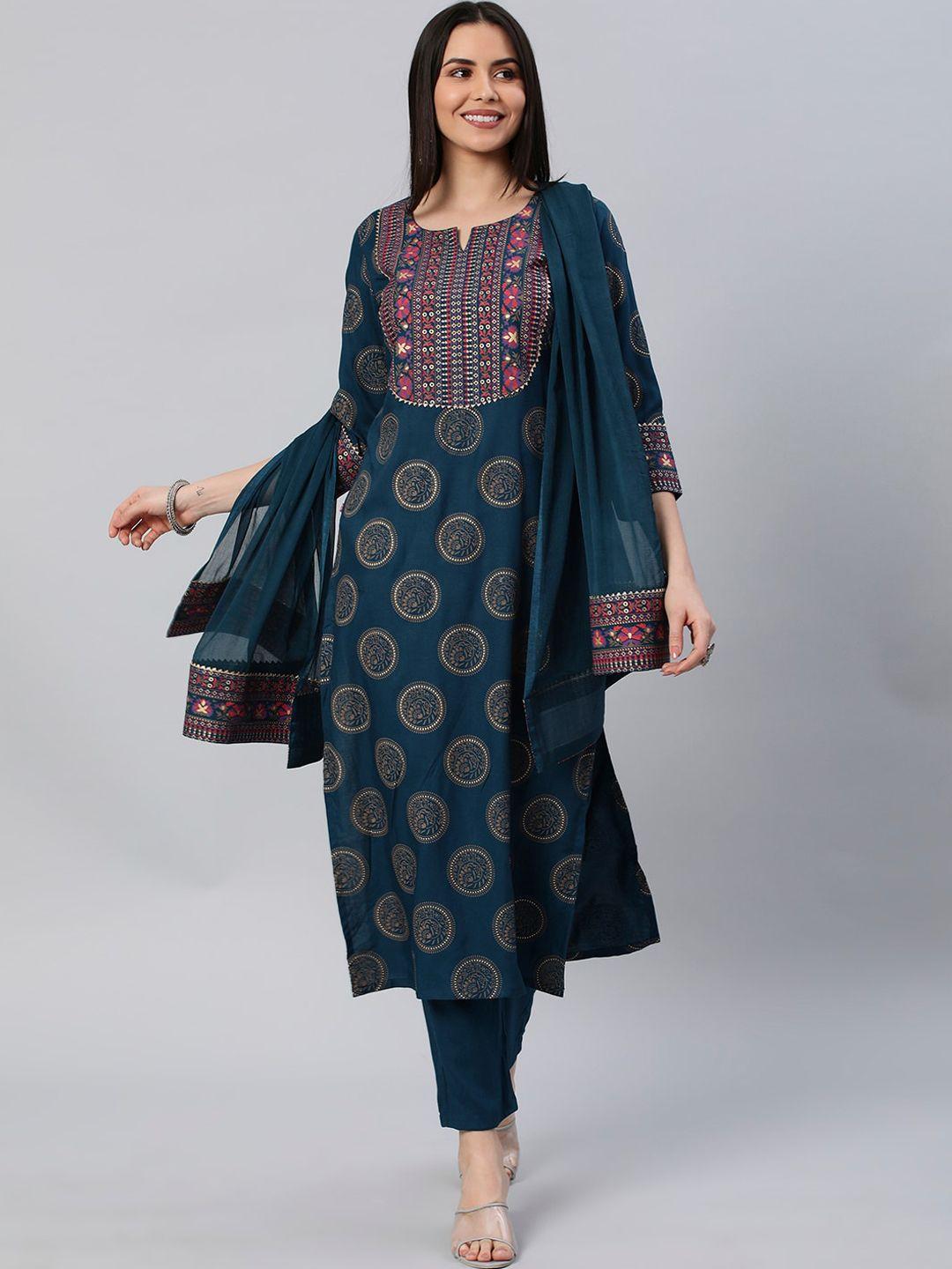 kalini ethnic motifs printed straight kurta with trousers & dupatta