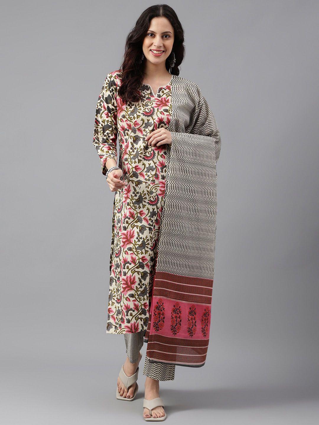 kalini floral bagru printed pure cotton straight kurta with palazzos & with dupatta